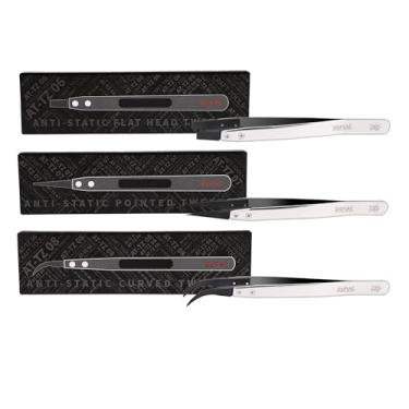 Imagem de Pinças antiestáticas, ponta pontiaguda, ponta sem corte de cabeça plana, pinças angulares curvas, um conjunto de 3