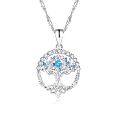 Imagem de CiNily Colar com pingente de árvore da vida para mulheres, meninas, colar com pingente de árvore genealógica banhado a ouro branco 14 K, opala criada, árvore da vida, pingente de pedra preciosa, joias