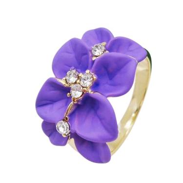 Imagem de Navachi Anel de flor de folhas de esmalte de cristal transparente banhado a ouro 18 k, 6, Zinco Zinco Esmalte, Cristal