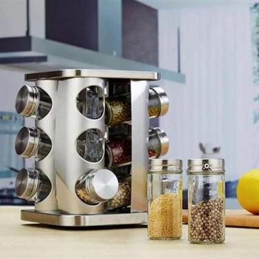 Imagem de Porta Temperos e Condimento Giratório com 12 Potes em Aço Inox e Vidro