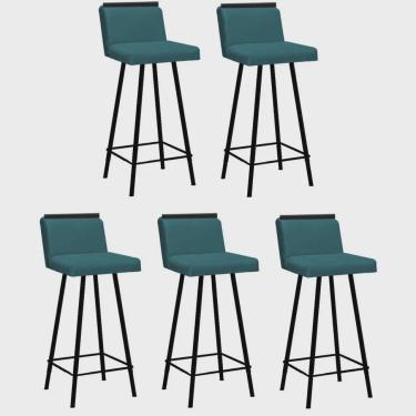 Imagem de Kit 05 Banquetas Com Encosto Menne Eiffel Bistrô Cozinha Aplique Ferro Preto Suede Azul Turquesa - Ahz Móveis