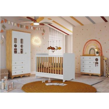 Imagem de Quarto de Bebê com Guarda-roupas Cômoda 4 Portas Janeladas e Berço 100% Mdf Gael Espresso Móveis Branco Brilho/Amêndoa