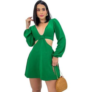 Imagem de Macaquinho Feminino Curto Viscose Manga Longa Bufante Decotado Soltinh