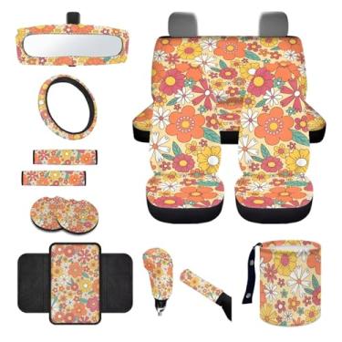 Imagem de Wanyint Conjunto completo de capa de assento de carro hippie flor laranja 14 peças, capa de volante, capa de cinto de segurança, lixeira, espelho retrovisor, porta-copos, console central, conjunto de