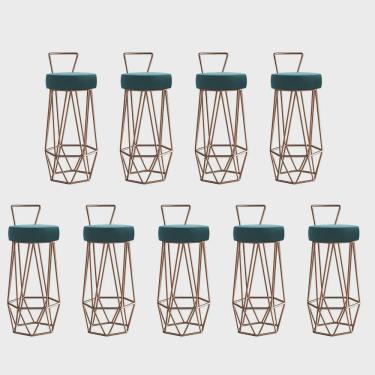 Imagem de Kit 09 Banqueta Com Encosto Botti Hexágono Cozinha Bar Ferro Bronze Suede Azul Turquesa - Ahz Móveis