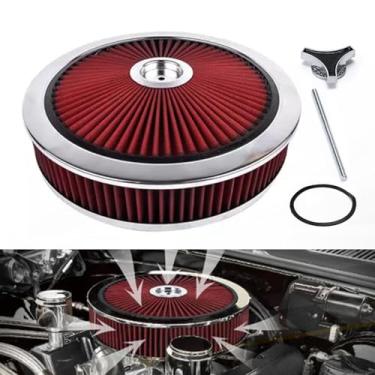 Imagem de Conjunto de filtro de filtro de ar vermelho redondo de 35,5 x 7,6 cm compatível com Chevrolet Chevy Chryler GMC Ford Dodge V8 com tampa Flow-Thru cromado de alto fluxo 4330CR