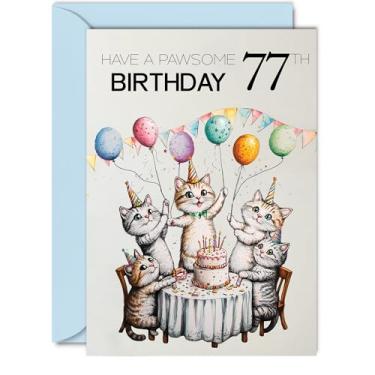Imagem de Cartão de aniversário de 77 anos para mulheres e homens - balões de gatos de festa pawsome - Cartões de feliz aniversário para homens de 77 anos, cartões comemorativos de aniversário de gato A5