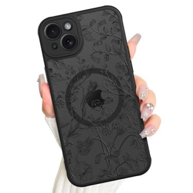 Imagem de AIGOMARA Capa magnética para iPhone 15 Plus, compatível com Magsafe Capa protetora de tela com estampa floral de flor de sálvia preta e fosca para mulheres e meninas