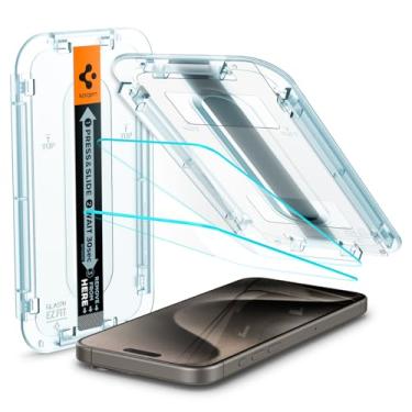 Imagem de Spigen Protetor de tela de vidro temperado [GlasTR EZ FIT] projetado para iPhone 15 Pro Max [compatível com capas] - pacote com 2