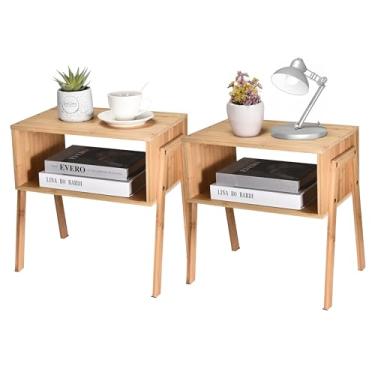 Imagem de Vdomus Conjunto de mesa de cabeceira empilhável de bambu de 5 a 40 cm de madeira natural combinando - mesas de cabeceira de madeira - móveis minimalistas de mesa de baixo para sala de estar ou quarto
