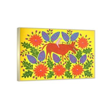 Imagem de RYLJCZ Impressão de arte famosa por Maria Primachenko. Reprodução de pintura famosa. Imagens em tela emoldurada para decoração de sala de estar (Has Harnesed a Wolf) 50x70 cm (19,7x27,5 pol