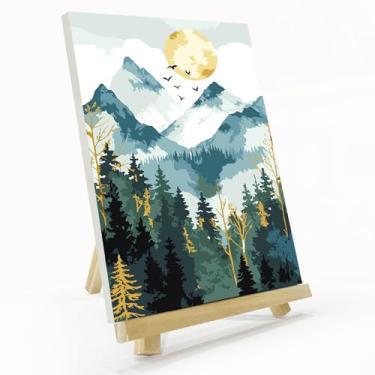 Imagem de JOOZ Kit de pintura de montanha por números para adultos com moldura, pintura de lua por número com cavalete, kit de pintura a óleo de paisagem acrílica fácil DIY tela emoldurada para decoração de