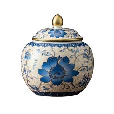 Imagem de Lata de Chá Vasilha de chá de cerâmica esmaltada tradicional pintada à mão Frasco de armazenamento selado para uso doméstico Enfeites de vasilha vazia Lata de Chá(Blue)