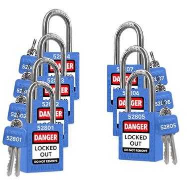 Imagem de TRADESAFE Conjunto de trava com etiqueta de bloqueio, pacote com 7 cadeados de segurança com chave diferente, 2 chaves por fechadura, azul, fechaduras de segurança em conformidade com a segurança para fechar, marca de segurança industrial e empresa