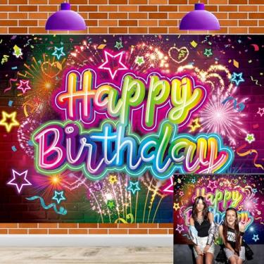 Imagem de Pano de fundo neon feliz aniversário 2,8 x 1,8 m parede de tijolos engraçados grafite colorido fogos de artifício respingo moderno legal fotografia fundo que brilha no escuro suprimentos de decoração