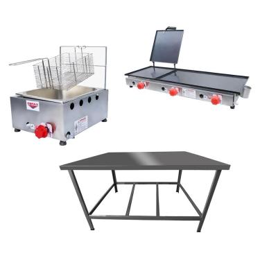Imagem de Kit Lanchonete Mesa De Manipulação 100x55cm + Fritadeira A Gás 1 Cuba + Chapa A Gás 90cm Alcamar