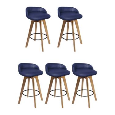 Imagem de Kit 05 Banqueta Alta Com Encosto Berlim Base Giratória Madeira Sintético Azul Marinho - Amey Decor
