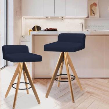 Imagem de Kit 02 Banqueta Alta Com Encosto Giratória Aurea Madeira Balcão Bistrô Cozinha Suede Azul Marinho