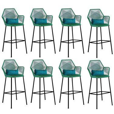 Imagem de Kit 08 Banqueta Alta Com Encosto Sttar Ferro Verde Fibra Verde Almofada Suede Azul Turquesa