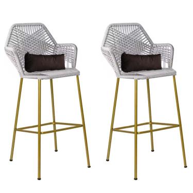 Imagem de Kit 02 Banqueta Alta Sttar Ferro Dourado Fibra Cinza Almofada Marrom