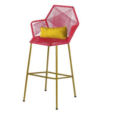 Imagem de Banqueta Alta Sttar Ferro Dourado Fibra Vermelho Almofada Sintético Amarelo