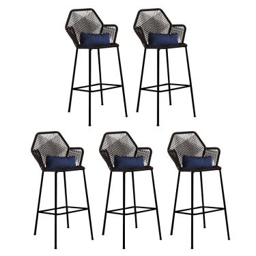 Imagem de Kit 05 Banqueta Alta Com Encosto Sttar Balcão Ferro Preto Fibra Preto Almofada Corino Azul Marinho