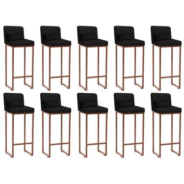 Imagem de Kit 10 Banqueta Alta Com Encosto Balcão Ferro Bronze Sintético Preto E Almofada Preto