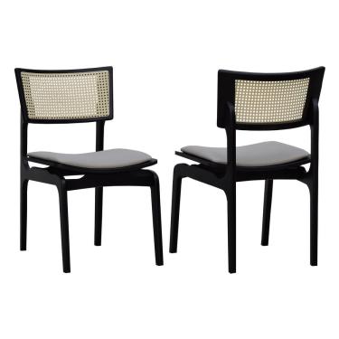 Imagem de Kit 2 Cadeiras Apollo Madeira Maciça Encosto Telinha Assento Anatômico - Preto Estofado Linho Bege