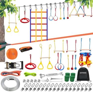 Imagem de SZHTMZXC WISUAEST 2 x 55FT Ninja Warrior Obstacle Course for Kids Backyard Outdoor, 500 Lbs Stainless Steel Rope, Ninja Bottom Slackline, Monkey Bars, Climbing Net (55FT 12Pcs Ratchet Bottom Rope)
