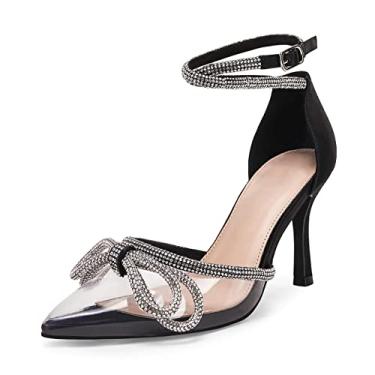 Imagem de Coutgo Sapatos De Noiva Coutgo, Saltos Transparentes, Bico Fechado, Strass, Fino, Salto Médio, Agulha, Preto