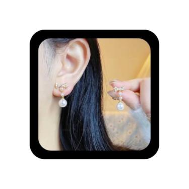 Imagem de Xduargs Brincos de pérola Boho vintage CZ Bow Stud Brincos de pérola branca brinco de gota personalizado cristal gravata borboleta joia para mulheres