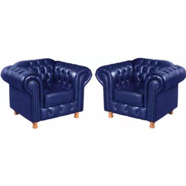 Imagem de Kit 2 Poltronas Chesterfield Luís Xv Vintage Retrô Capitonê Couro Azul