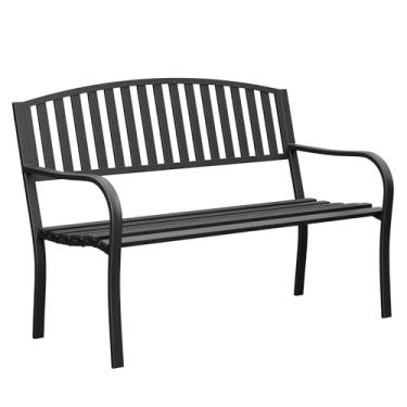 Imagem de Kieperi Banco de jardim resistente de 127 cm, banco de pátio com capacidade de 272 kg, estrutura de ferro forjado à prova de intempéries, banco externo com apoios de braço para parque, varanda