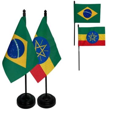 Imagem de Kit Bandeiras de Mesa Brasil e Etiópia, Base e Haste em Plástico Preto, Tecido Oxford, Uma Face