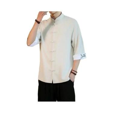 Imagem de Camisa Masculina Hanfu de Linho com Bordado de Guindaste - Gola Mandar