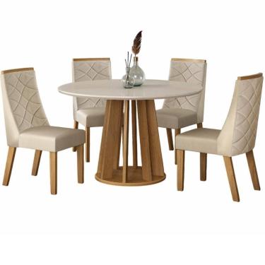 Imagem de Conjunto de Sala de Jantar Valdemóveis Rose redonda com tampo de vidro 4 cadeiras Aurora Cinamomo OFF White