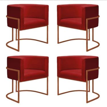 Imagem de Kit 4 Poltronas Reforçadas Decorativa Sala Nayara Base Ferro Bronze Suede Vermelho