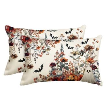 Imagem de AVOIN colorlife Capas de almofada de Halloween Horror Wildflowers Fantasma, 30 x 50 cm, decoração de almofada de morcego abóbora para sofá conjunto de 2