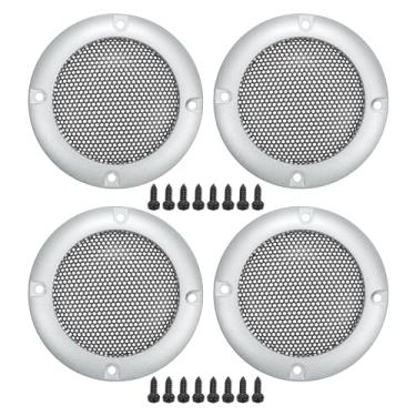 Imagem de ACROPIX Capa universal de grade de alto-falante de carro de 5 cm redonda de malha de 5 cm caixa protetora de subwoofer com parafusos ferro prateado preto - pacote com 4