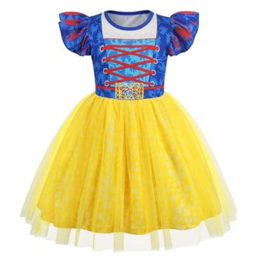 Imagem de HenzWorld Vestido de princesa para meninas e crianças, manga curta esvoaçante, tule, tutu, Halloween, cosplay, temática, roupas de festa, tamanho 7-8 anos, azul, amarelo
