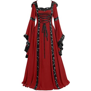 Imagem de STIOEDYUAN Women Renaissance Medieval Dress Irish Hooded Vintage Gothic Fairy Ball Gown Chemise Lace Up Long Flared Sleeve Dress Party (US, Alpha, 3X-Large, Regular, Regular, Red)