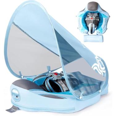 Imagem de Lurui Boias de bebê para piscina com dossel removível FPS 50+ proteção solar UV, boia de piscina infantil não inflável, material de couro macio não inflável, boia de natação infantil de 3 a 24 meses