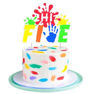 Imagem de Funmemoir High Five Birthday Party Decorations for Boys Girls - Hi Five Cake Topper, Officially a Handful Handprint Rainbow 5th 5 Year Old Birthday Party Cake Decorations