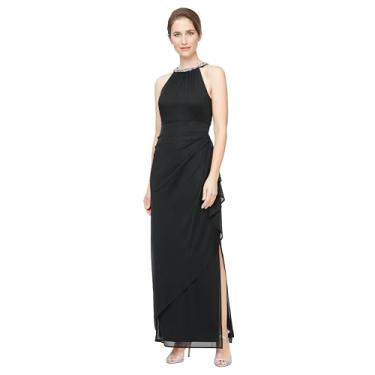 Imagem de Alex Evenings Vestido feminino longo formal de malha elástica com contas frente única, Preto, 42