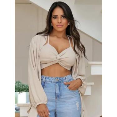 Imagem de Conjunto Feminino Camisão Chemise E Cropped Com Elastano - Rezes Moda,
