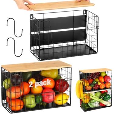 Imagem de Remerry 2 conjuntos de prateleiras magnéticas para geladeira com topo de bambu cesta magnética versátil geladeira com 2 ganchos armazenamento batata e cebola grande organizador para balcão de cozinha