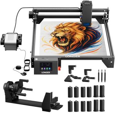 Imagem de LONGER Gravador a laser Ray5 20000 mW com kit de assistência a ar, ferramenta de corte a laser CNC DIY para área de trabalho de madeira, vidro, metal, 39,9 cm x 39,9 cm com kit de rolo rotativo 4 em 1