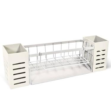 Imagem de AIWIWH Organizador de pia de aço inoxidável com suporte de escova alto, suporte de esponja para pia, organizador de dispensador de sabão de bancada de cozinha (branco, escorredor + mastro + cilindro