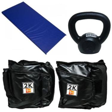 Imagem de Kit Colchonete Azul + Par de Caneleira 2Kg + kettlebell Pintado 4kg - 