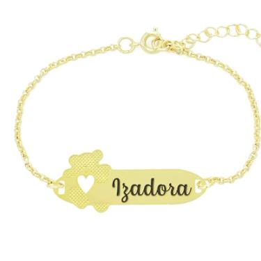 Imagem de Pulseira Personalizada Ursinho Coração Nome Izadora Banhado Ouro 18K - 999017364